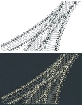 Fork in the railway tracks isometric technical drawings Stock Illustration