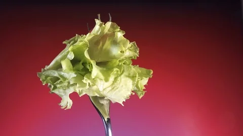 Fork with red fresh tomato and lettuce, rotation red background Stock Footage 86617216