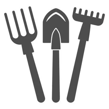 Fork, shovel, rake solid icon, gardening concept, set of hand garden tools for Stock Illustration