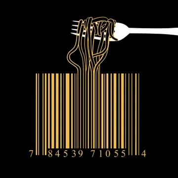 Fork spaghetti barcode design idea concept on black background Stock Illustration