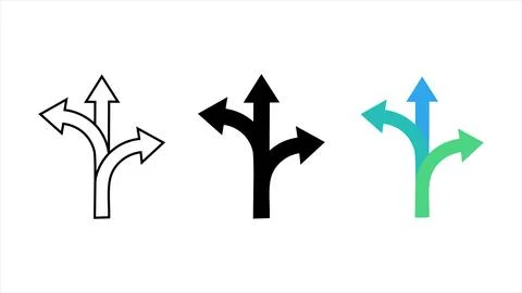 Fork split and branch arrow icon set with triple direction paths 库存插图