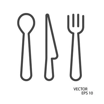 Fork spoon and knife flat icon. Pictogram for web. Line stroke. Isolated on w Stock Illustration