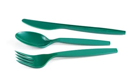 Fork, spoon and knife, kitchenware plastic on white background Foto stock