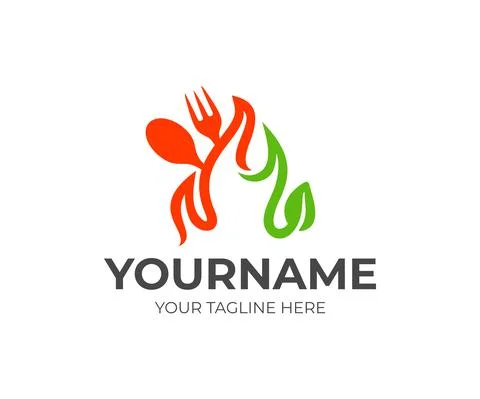 Fork, spoon, fire and leaf, logo design Stock Illustration