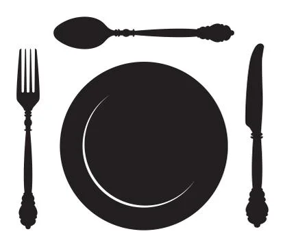 Fork, spoon, knife and dinner plate icon set. Stock Illustration