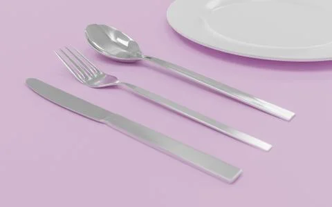 Fork, spoon, knife and plate isolated on pink table 3d render illustration Illustrazione stock