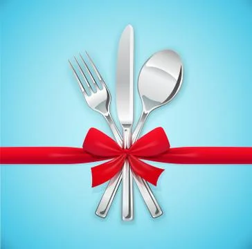 Fork, spoon, knife with red bow. Set of utensils for eating. Illustrazione stock