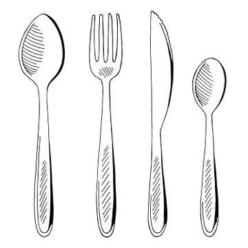 Fork spoon knife set graphic black white isolated sketch illustration vector Stock Illustration