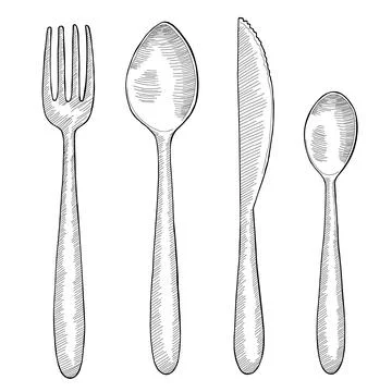 Fork spoon knife set graphic black white isolated sketch illustration vector Stock Illustration