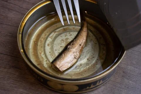 Fork on sprat can with only one depresive sprat in can. Stock Photos