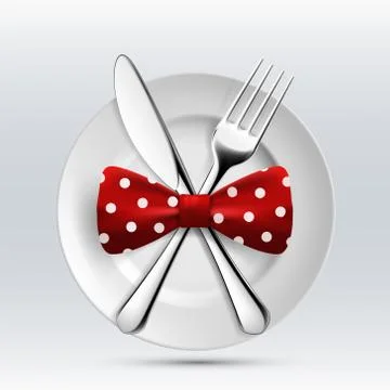 Fork, table knife and bow tie on a plate. 스톡 일러스트