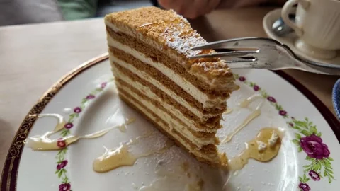 Fork taking a bite from a slice of layered honey cake in close up Stock-Footage 347267185