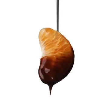 Fork with tangerine segment dipped into chocolate fondue on white background Stock Photos