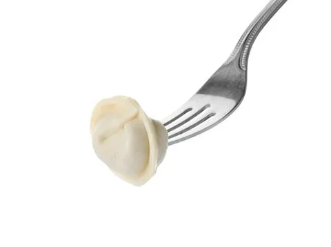 Fork with tasty dumpling isolated on white Stock Photos