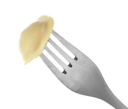 Fork with tasty dumpling isolated on white Stock Photos
