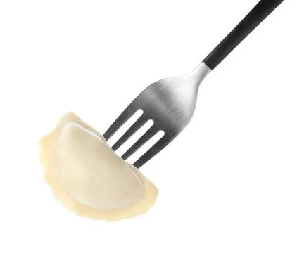 Fork with tasty dumpling isolated on white Stock Photos