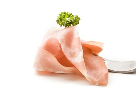 Fork with thin slice of mortadella Stock Photos