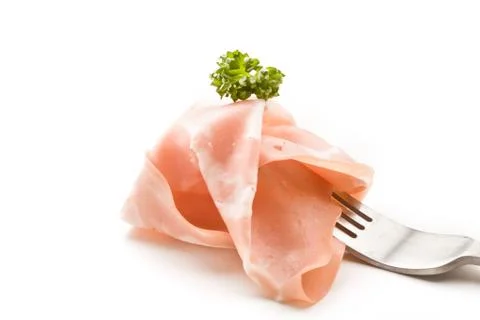 Fork with thin slice of mortadella Stock Photos