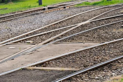 A fork in the tram tracks. Stock Photos