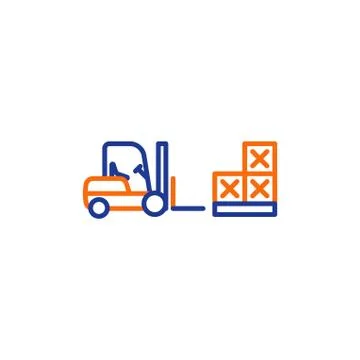Fork truck with pallet of boxes, cargo load storage service line icon Illustrazione stock