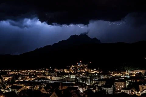 Forked lightning over Mount Pilatus city horw canton lucerne Stock Photos