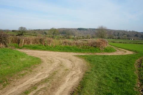 Forking Dirt Track In Green Fields, Barlow, North East Derbyshire, England Fotos de archivo