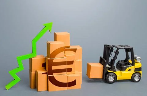Forklift and stack of boxes with euro symbol and green up arrow. Sales grow.. Stock Photos