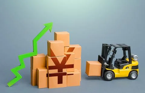 Forklift and stack of boxes with yen or yuan symbol and green up arrow. Sales Stock Photos