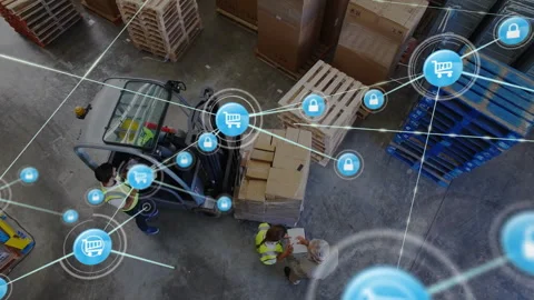 Forklift backing and lifting pallet for inventory security with cart lock icons Stock Footage 314792672