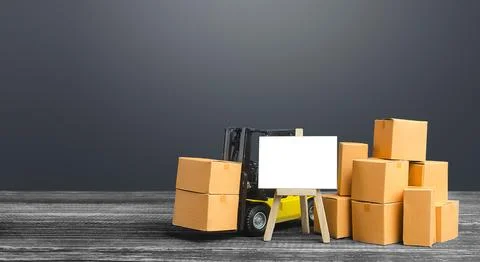 Forklift with boxes and blank easel sign. Warehousing concept and logistics.. Foto stock