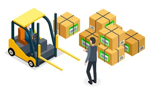 Forklift, car driver, man back view. Cardboard packing boxes, sealed parcels Stock Illustration