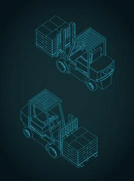 Forklift with cargo isometric technical drawings Stock Illustration