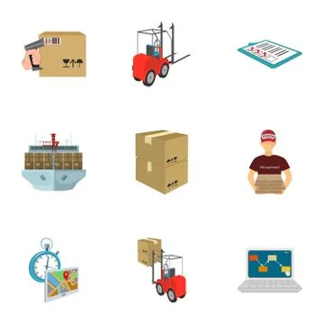 Forklift, cargo plane, goods, documents and other items in the delivery and Stock-Illustration