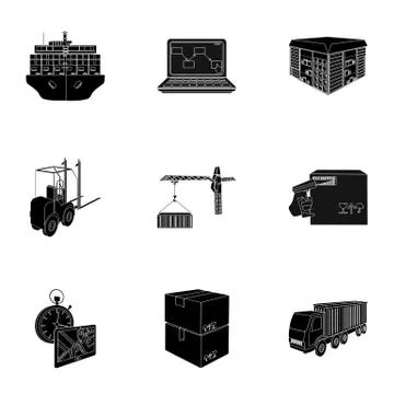 Forklift, cargo plane, goods, documents and other items in the delivery and Illustrazione stock