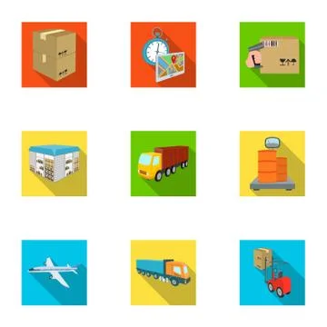 Forklift, cargo plane, goods, documents and other items in the delivery and Illustrazione stock