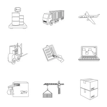 Forklift, cargo plane, goods, documents and other items in the delivery and Illustrazione stock