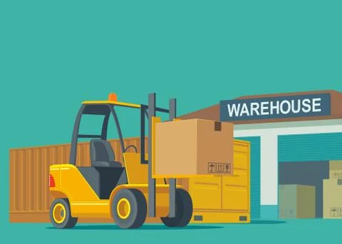 Forklift carries a box in storage Illustration