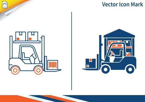 Forklift delivering cargo boxes with barcode scanner. Ilustración de archivo