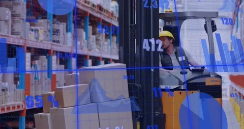 Forklift driver checking warehouse adjusting moving pallet aligning load while Stock Footage 330033048