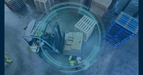 Forklift driver lifting load after start, inspector checking warehouse docs, HUD Stock Footage 329836624