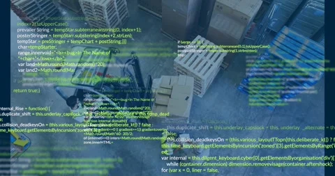 Forklift driver lifting pallet as peer checking counts and code overlay updating Stock Footage 317275421