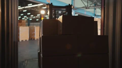 Forklift driver loading a shipping cargo container pallet with cardboard boxes 스톡 동영상 205248019