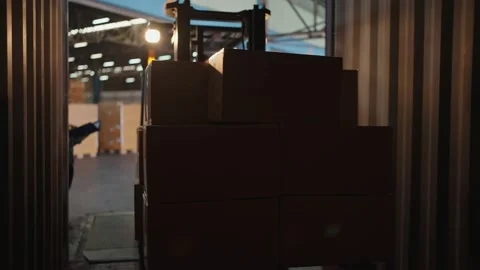 Forklift driver loading a shipping cargo container pallet with cardboard boxes 스톡 동영상 211974290