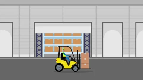 Forklift driver moving cardboard box in warehouse Stock Footage 219979347