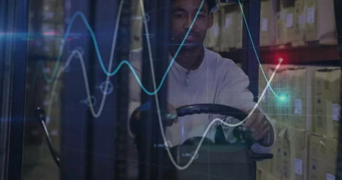 Forklift driver placing hands on controls animating warehouse data graphs giving Stock Footage 310658285