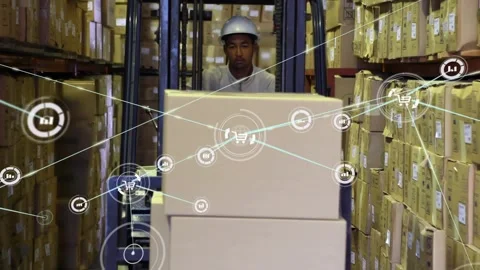 Forklift driver steering down warehouse aisle, inventory icons emerging around Stock Footage 330917182
