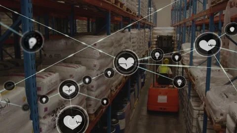 Forklift driving down aisle, single heart icon appearing, icons linking, forming Stock Footage 330355259