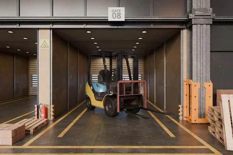 Forklift inside warehouse loading gate for industrial logistics. 3d render Stock Illustration