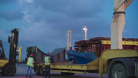 Forklift lifting a Cargo Stand on Dock Video stock 255201753