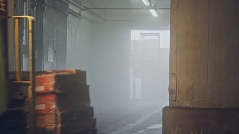 Forklift lifting pallets in a dark cooled warehouse Vidéo 104903427